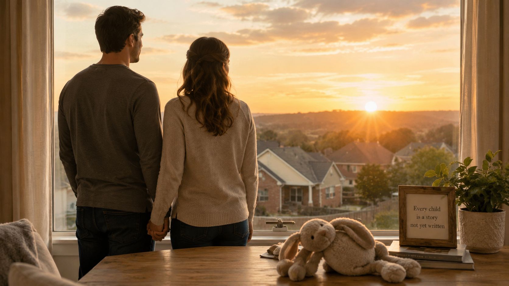 A couple standing by a window watching a sunset over a neighborhood with a hopeful future message.