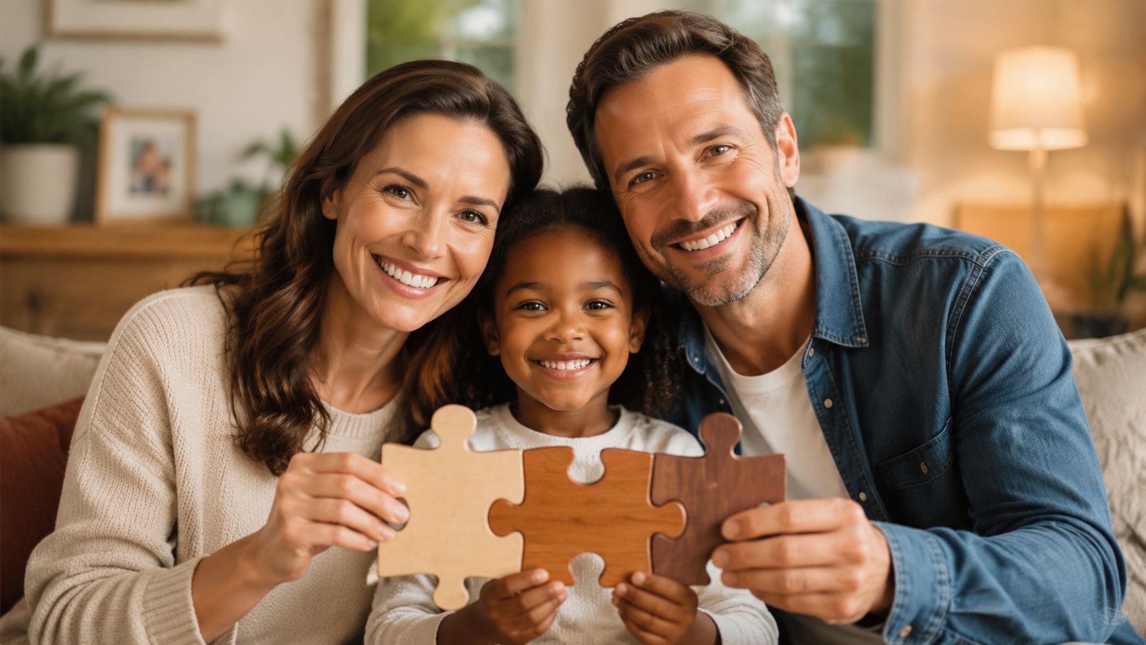 A happy multiracial family holding three connected puzzle pieces together while smiling in their cozy living room.