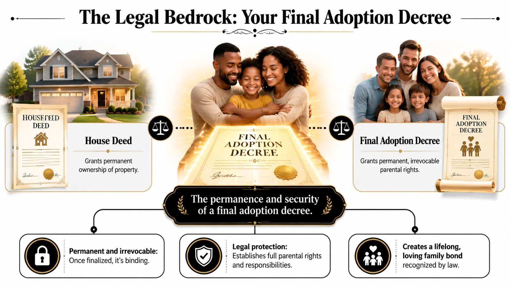 An infographic illustrating that a final adoption decree provides permanent, irrevocable legal protection and lifelong family bonds.