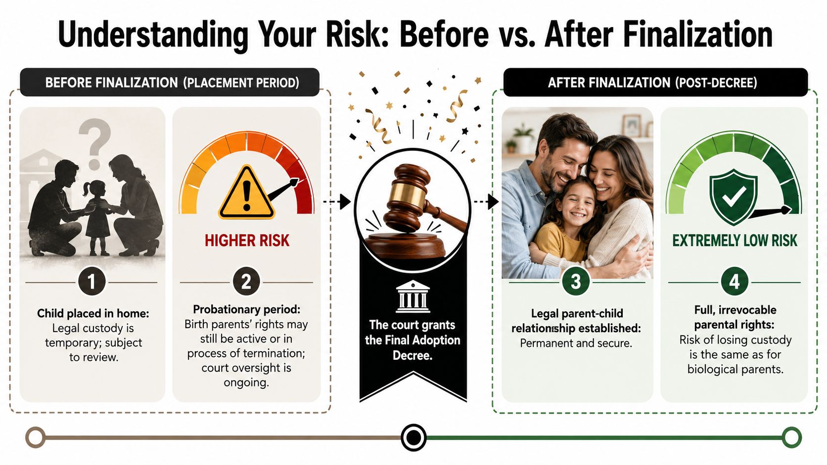 A diagram illustrating the risk levels and legal status of adoption before and after the finalization process.