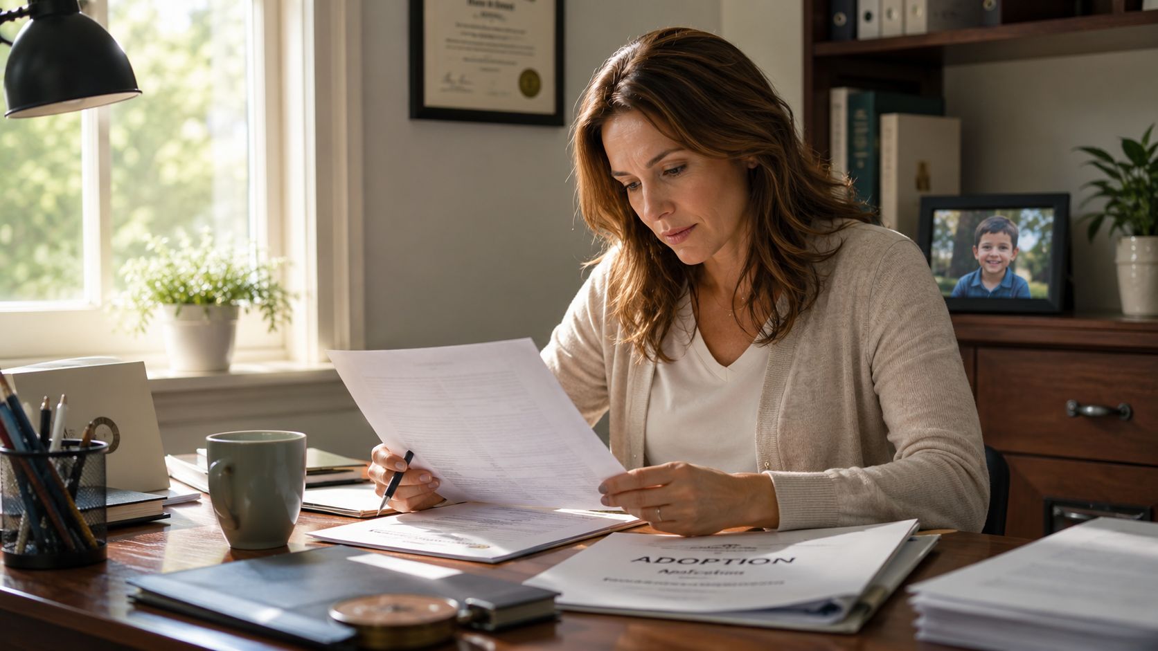 A focused woman sitting at a desk reviewing legal paperwork related to an adoption application process.