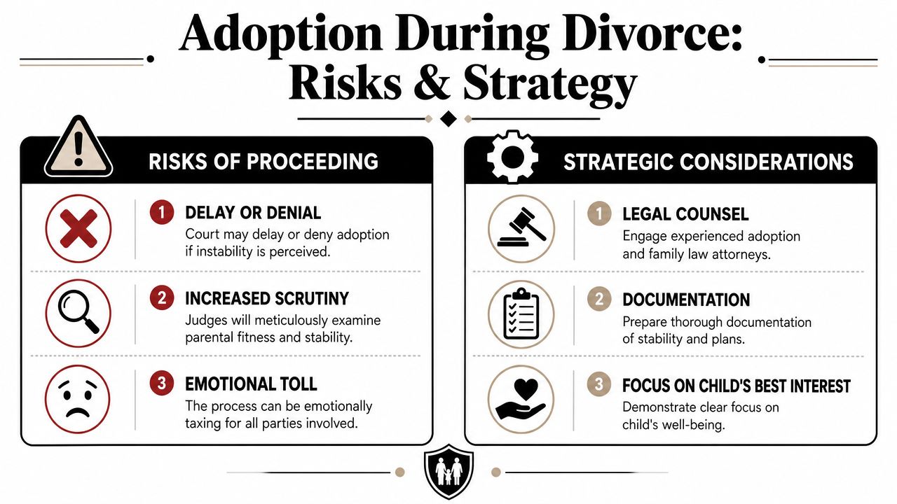 A visual guide outlining the risks and strategic considerations when pursuing an adoption during a divorce process.