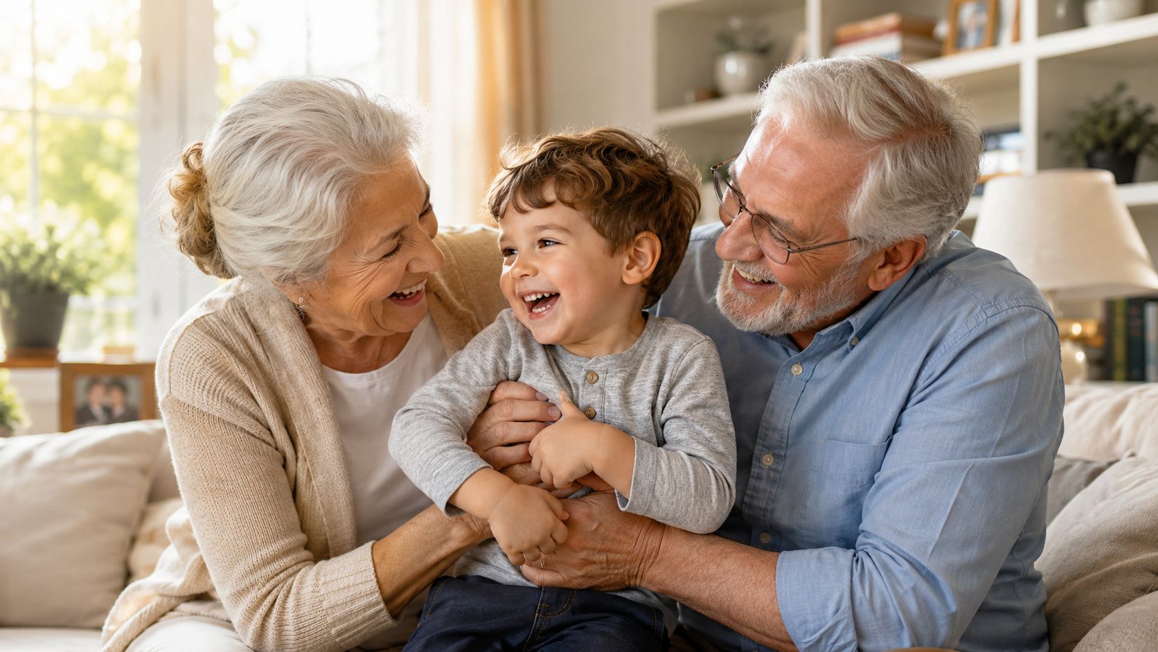A happy young boy laughing while being held by his smiling grandmother and grandfather in a bright living room.