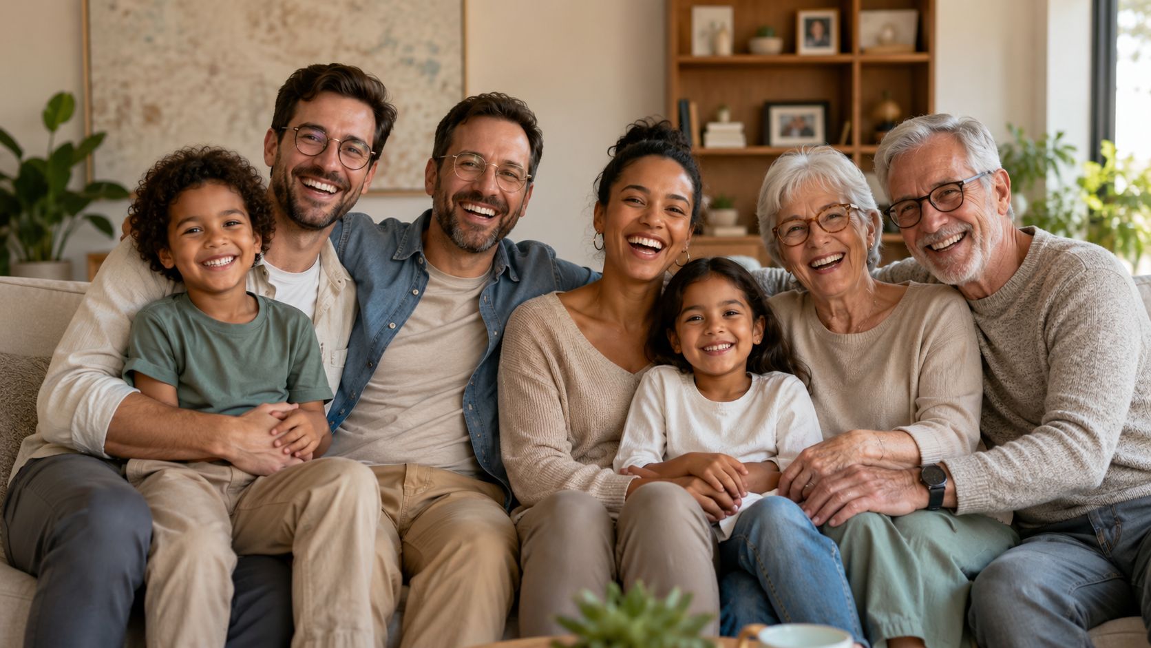 A diverse multi-generational family smiling together while sitting on a couch in a cozy home setting.
