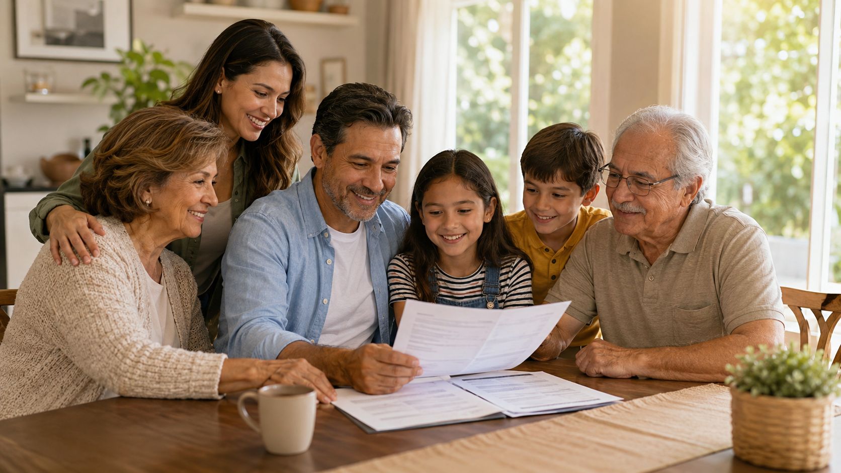 A multi-generational family sitting together at a wooden table looking at important legal documents.