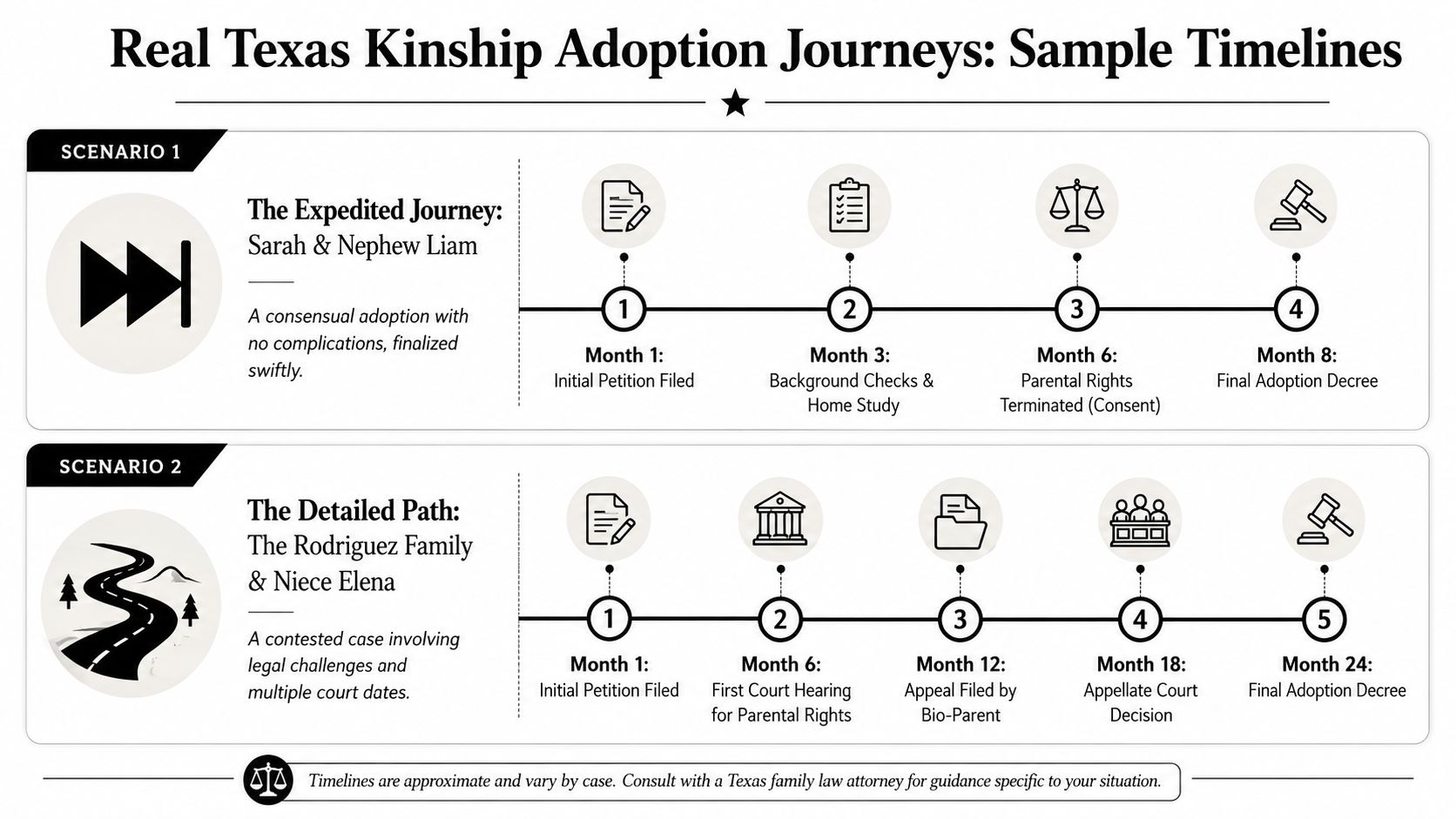 A infographic comparing two different sample timelines for kinship adoption processes in the state of Texas.