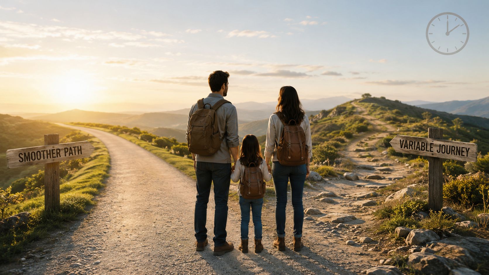 A family stands at a crossroads, choosing between a smooth path and a variable journey.