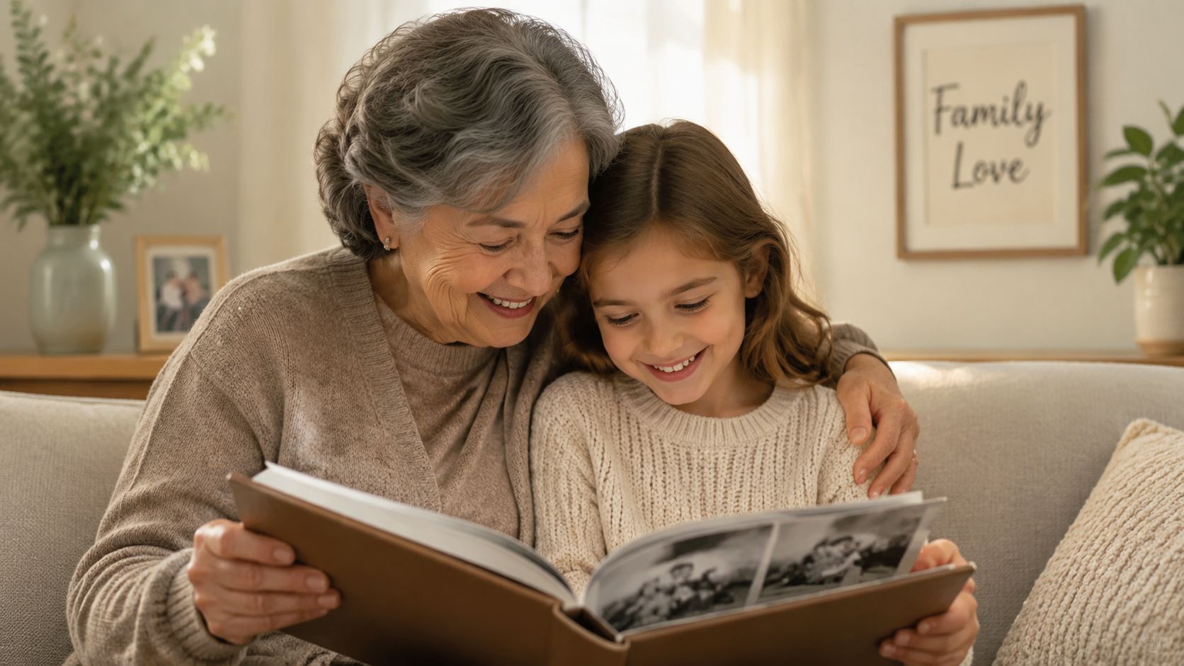 An elderly grandmother and her young granddaughter smiling while looking at a vintage photo album together.