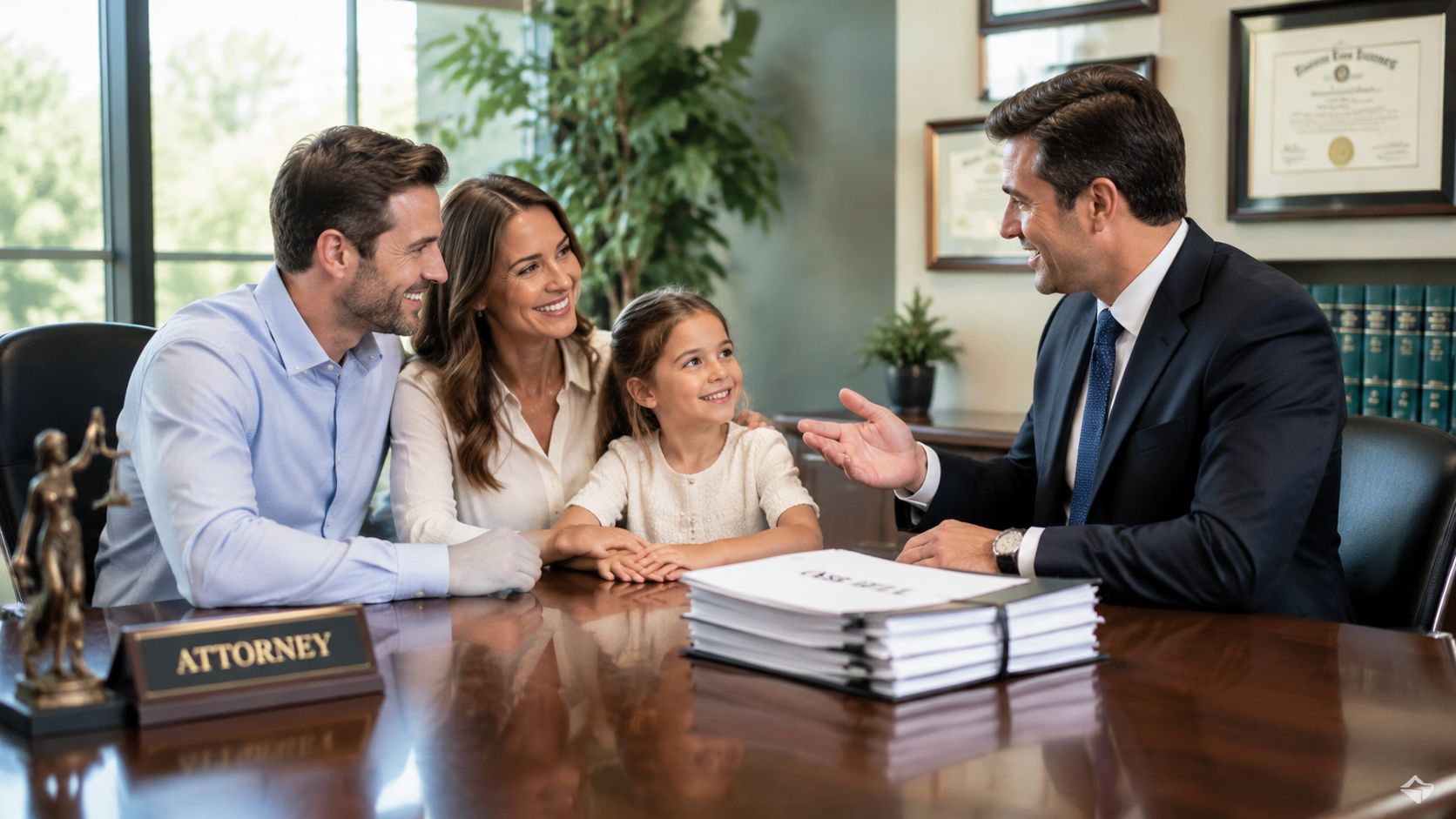 A happy family meeting with their lawyer in a professional office to discuss legal adoption processes.