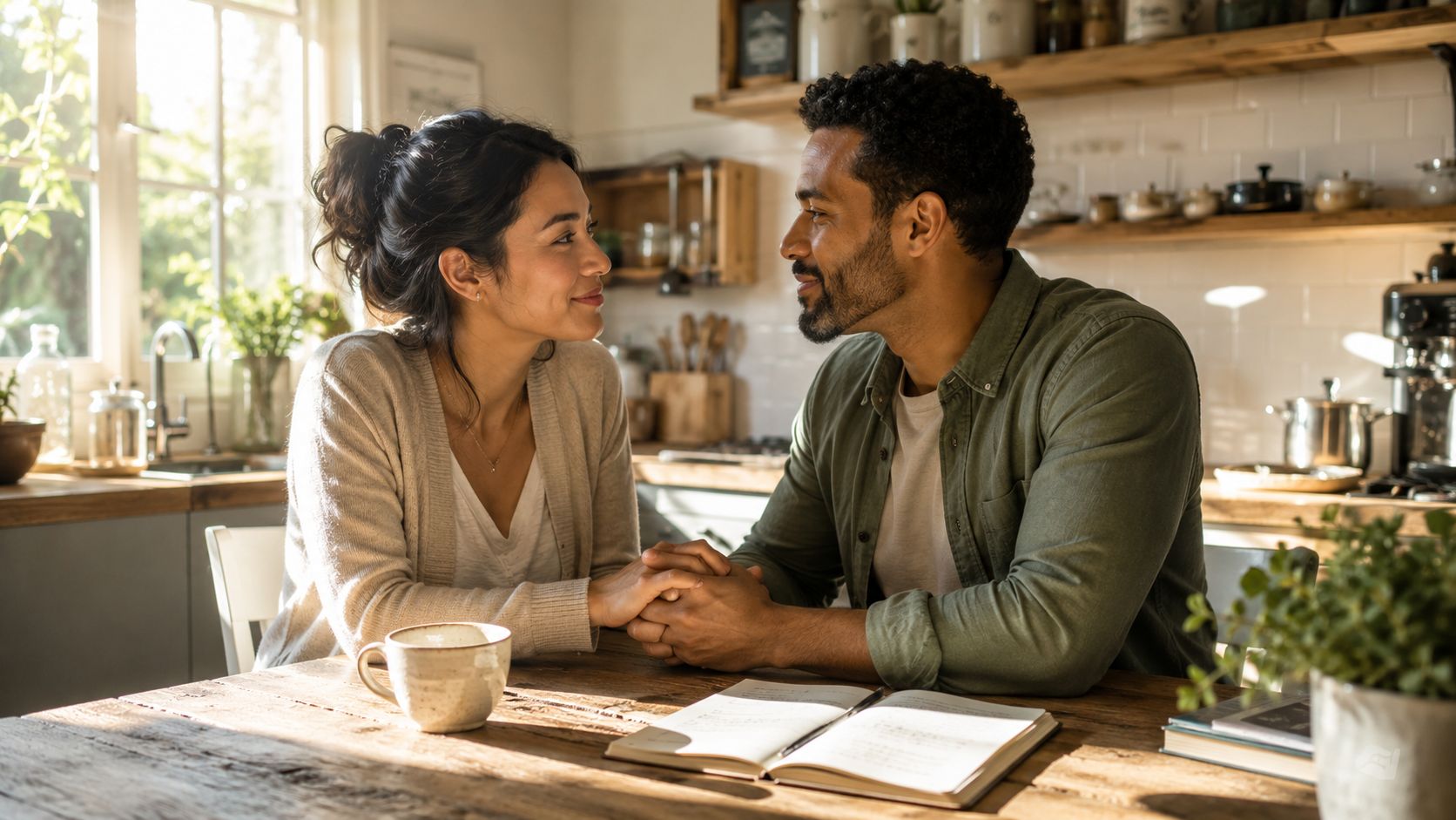 A diverse couple sitting at a kitchen table holding hands and looking at each other affectionately.