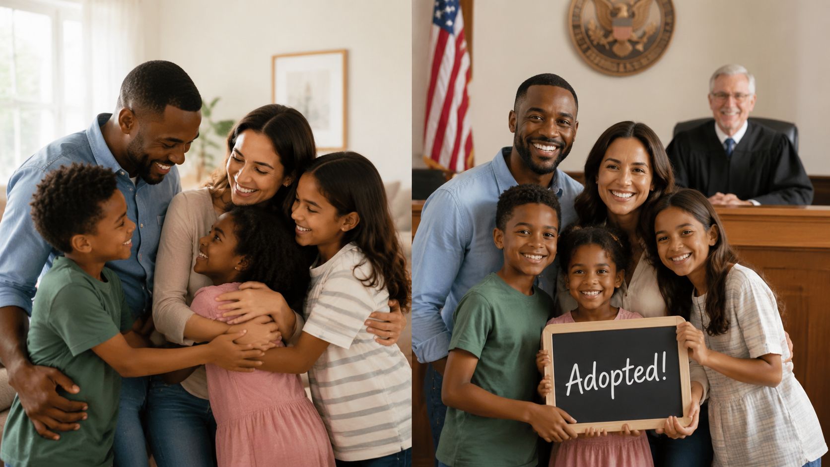 A happy family celebrates their official adoption in a courtroom with a judge in the background.