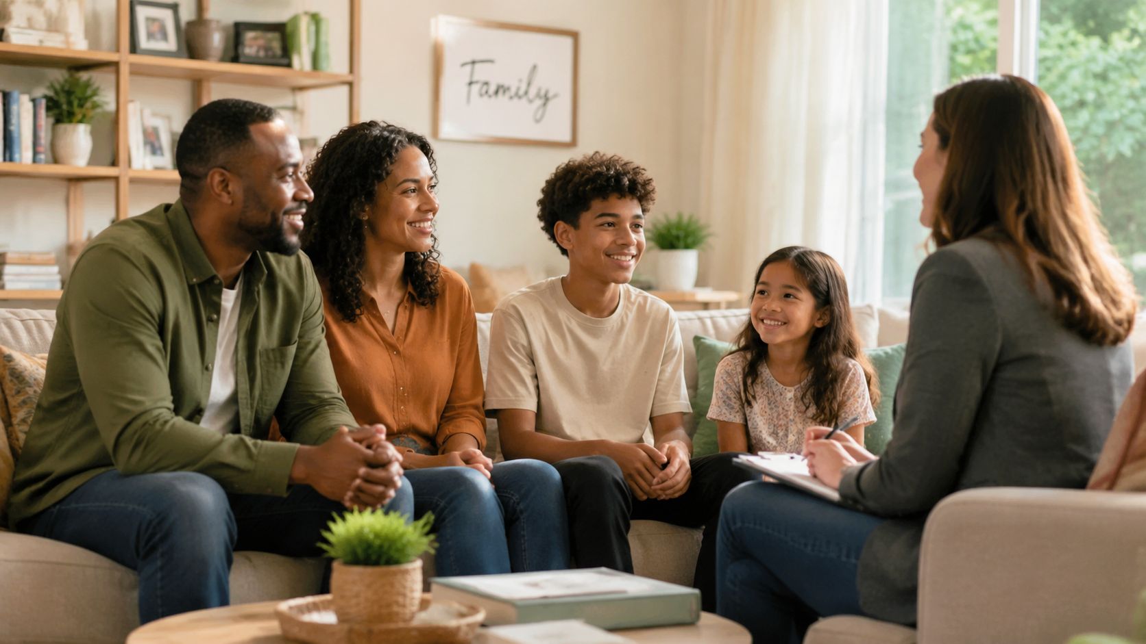 A family of four sits on a couch talking to a professional in a comfortable living room.