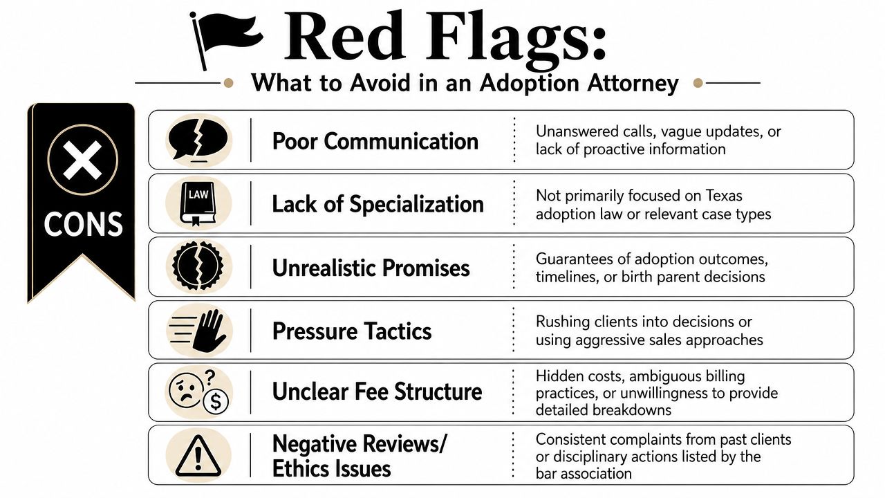 A red flags infographic outlining common pitfalls to avoid when selecting an adoption attorney in Texas.