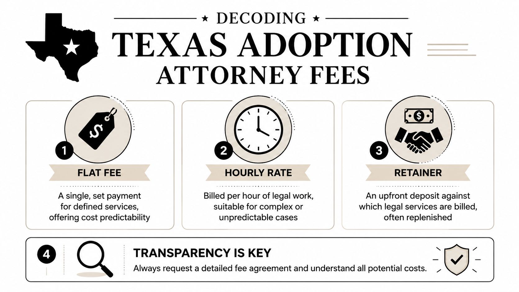 An infographic titled Decoding Texas Adoption Attorney Fees explaining flat fees, hourly rates, and retainer payment structures.