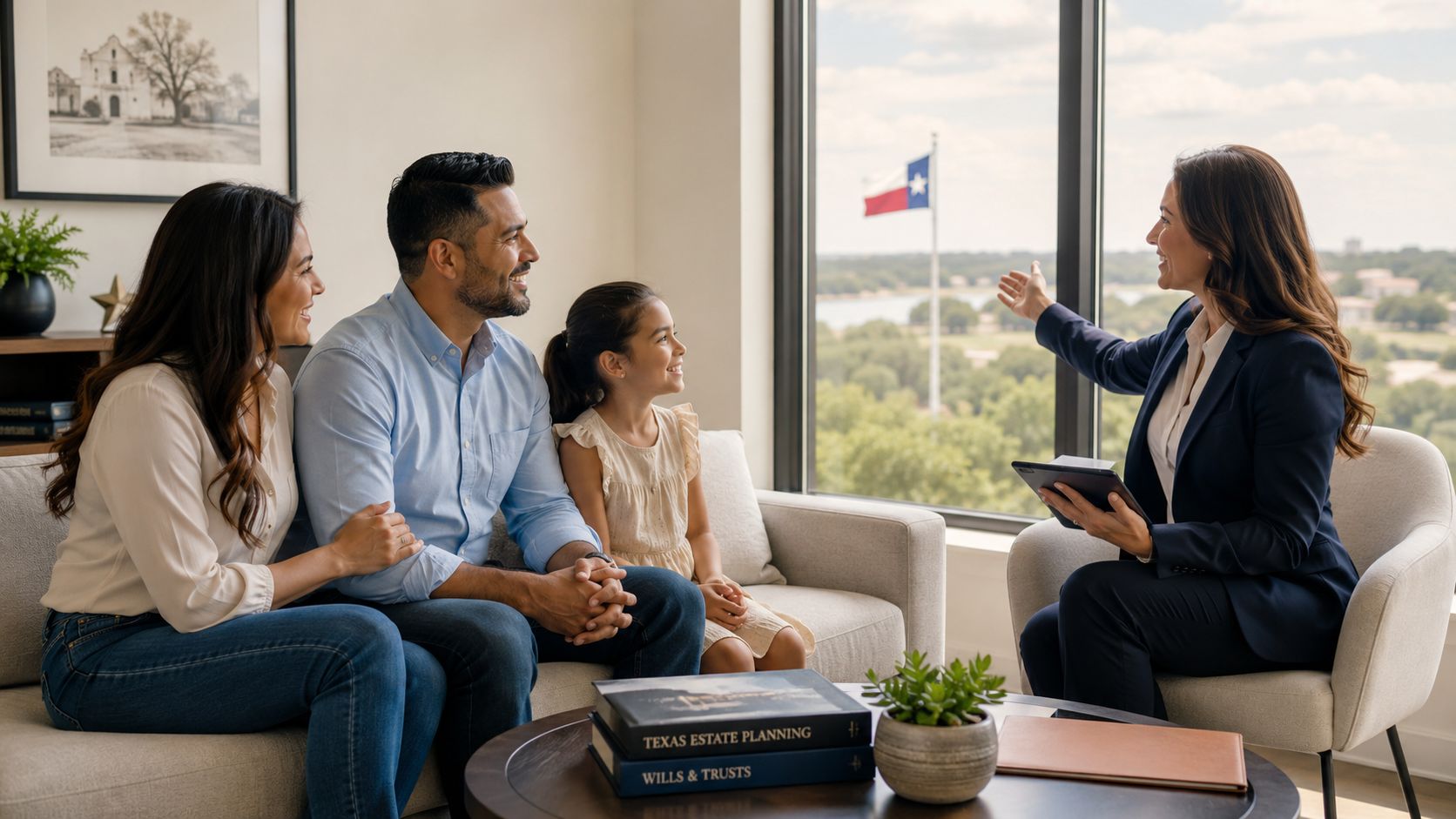 A professional attorney discussing legal matters with a happy family in a modern office with a view.