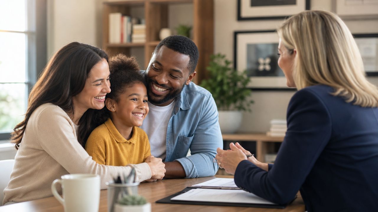 A happy family meeting with their adoption lawyer to finalize paperwork in a warm, professional office.