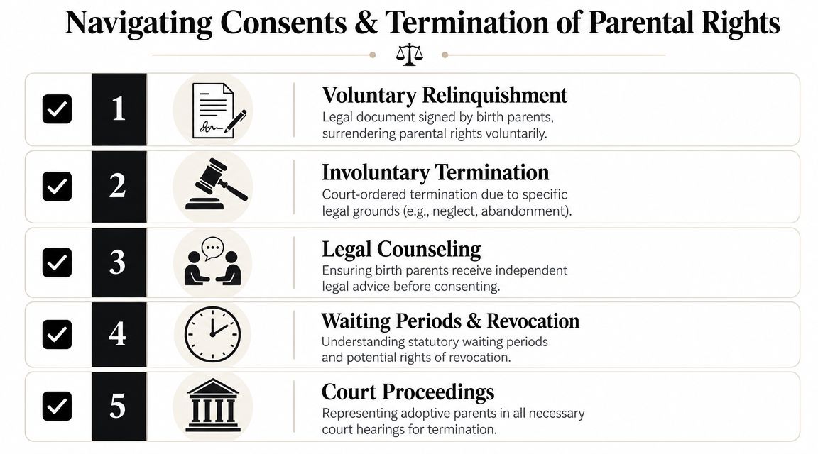 A list graphic titled Navigating Consents and Termination of Parental Rights with five numbered steps for legal adoption.