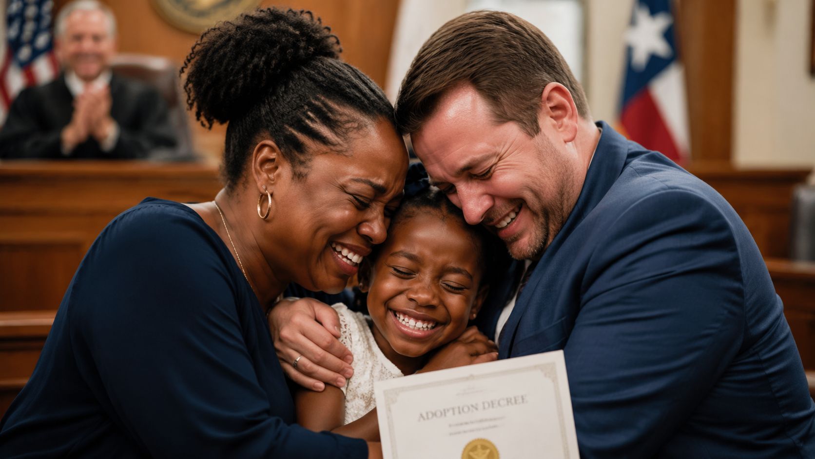 A happy family celebrating their adoption finalization with an official adoption decree certificate in a Texas courtroom.