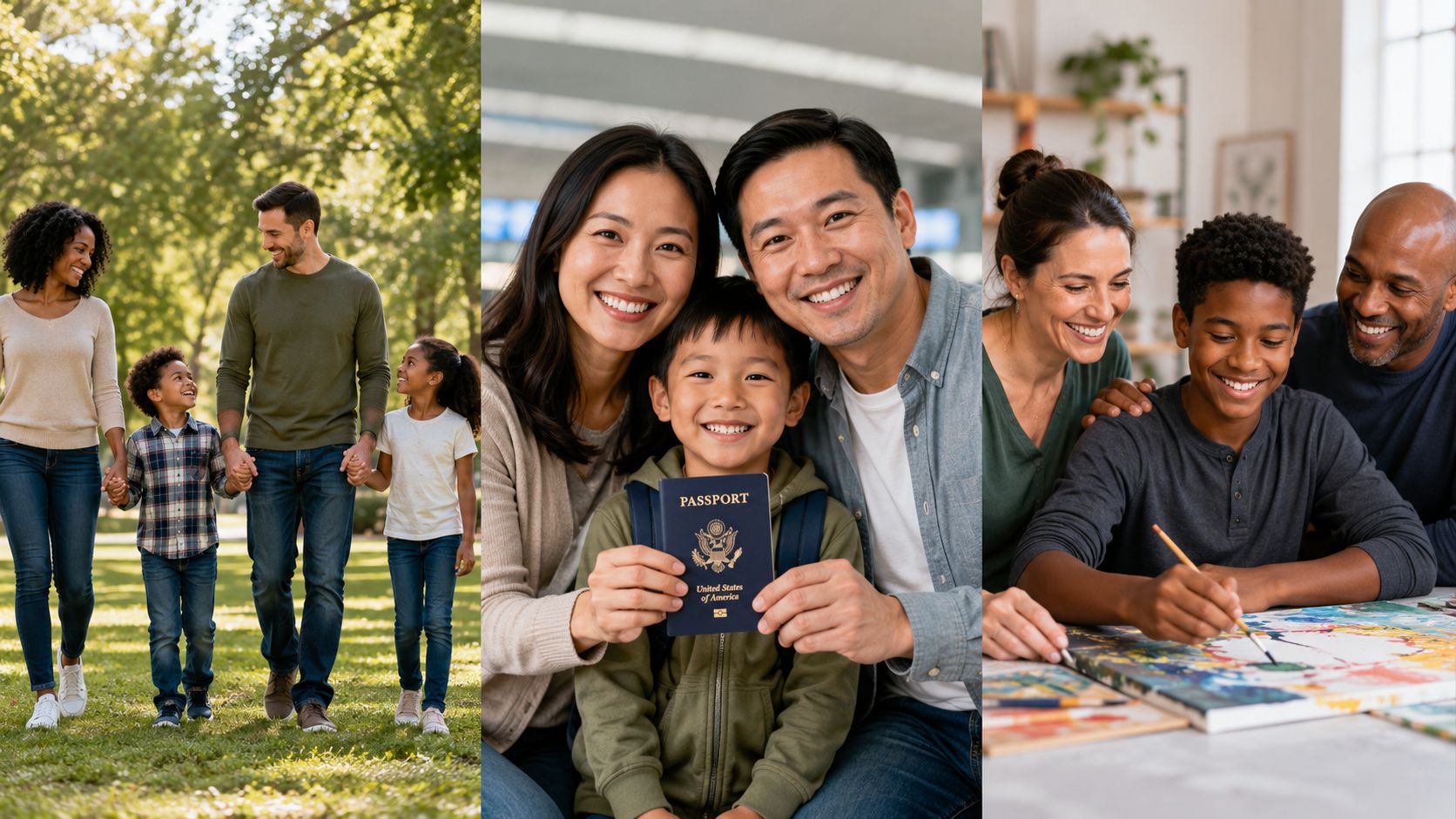 A collage showing diverse families spending quality time together, including walking in a park, traveling, and painting.