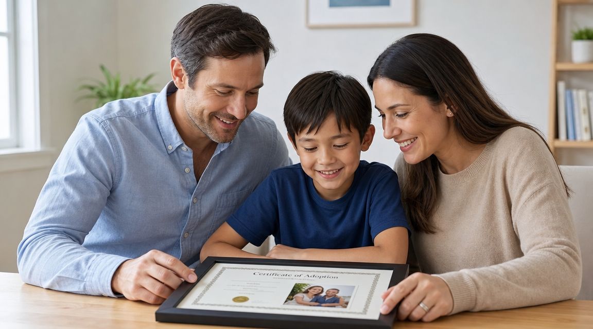 A smiling family of three looking down happily at a framed Certificate of Adoption on a table.