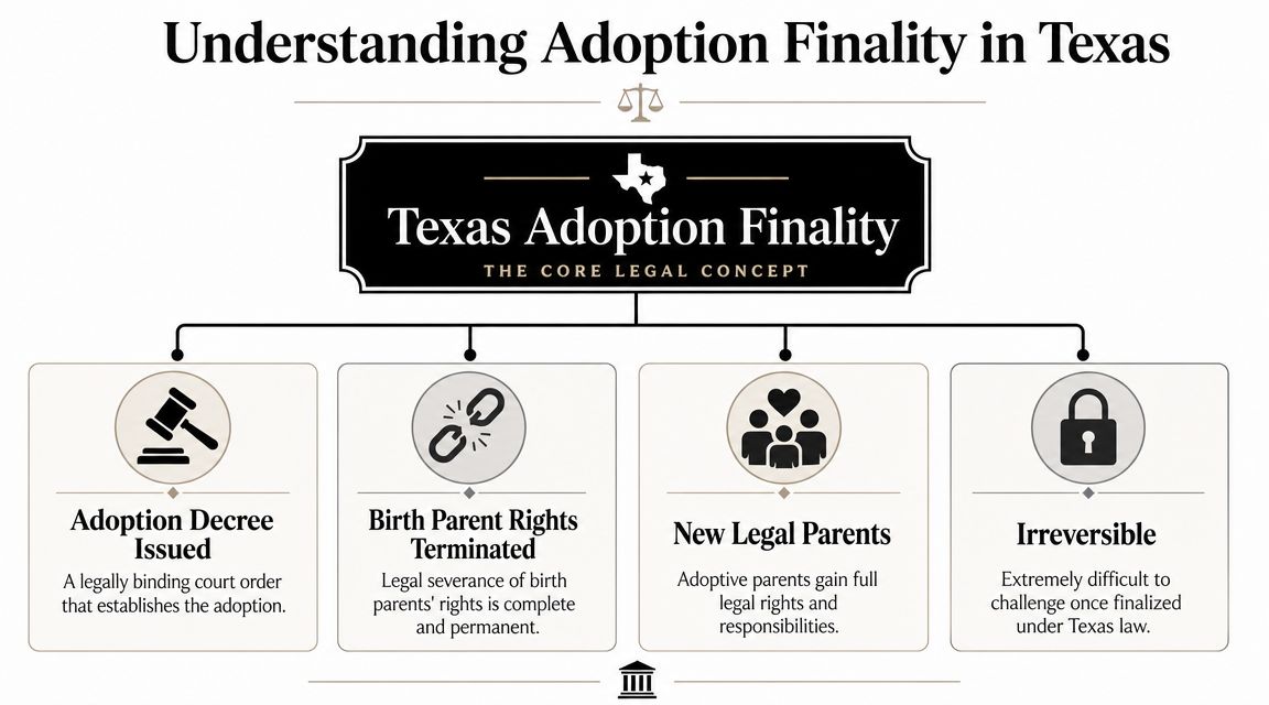 An infographic titled Understanding Adoption Finality in Texas outlining the legal permanence of completed adoption processes.