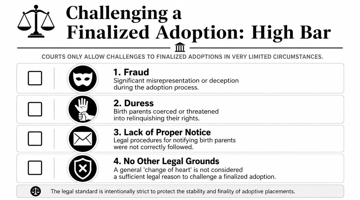 An infographic titled Challenging a Finalized Adoption listing four legal grounds: fraud, duress, lack of notice, and no other grounds.