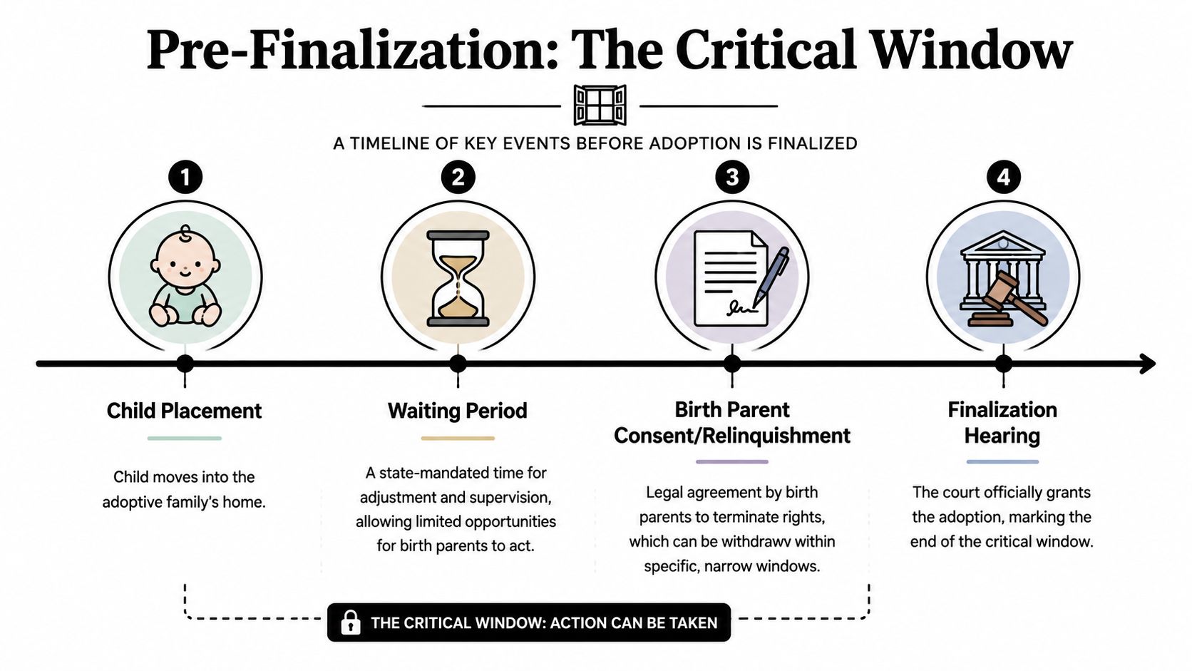 A timeline graphic showing the four stages of the pre-finalization period in the adoption process.