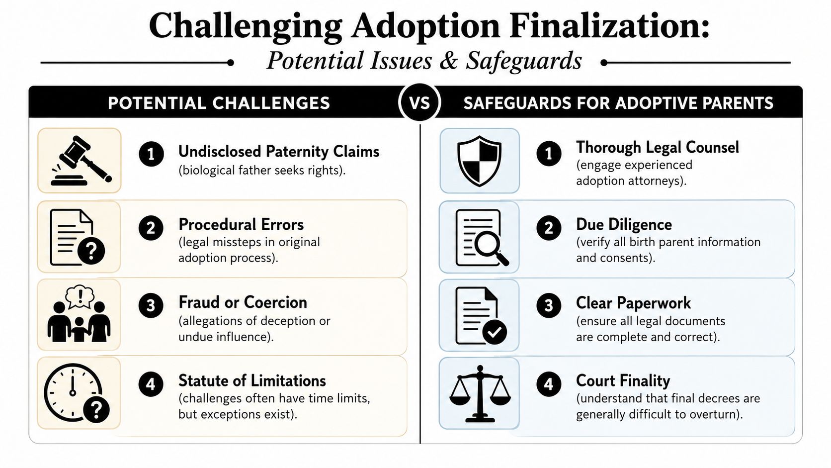 A comparison chart outlining potential legal challenges to adoption finalization and key safeguards for adoptive parents.