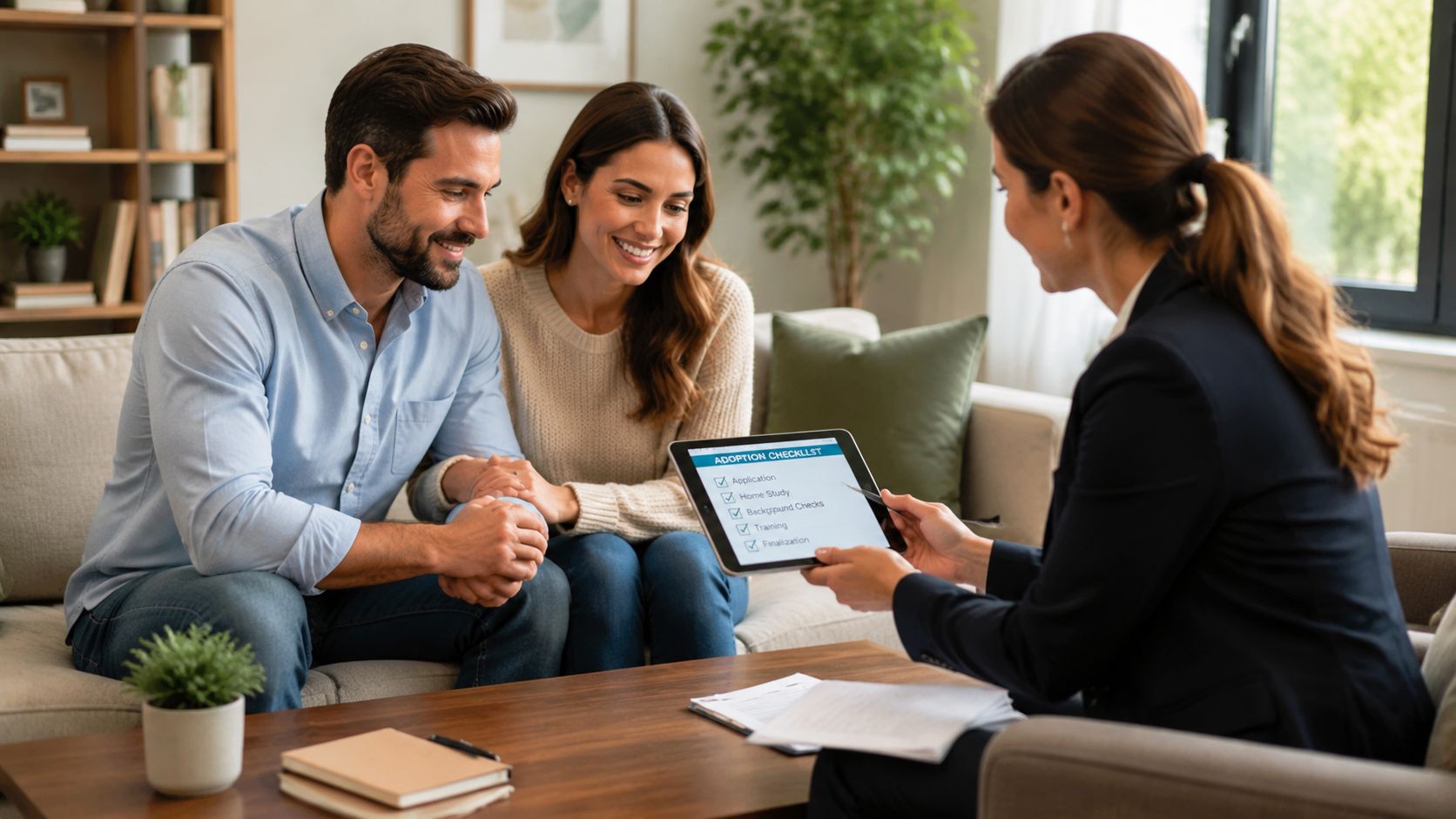 A social worker showing a couple an adoption checklist on a tablet during a consultation session.