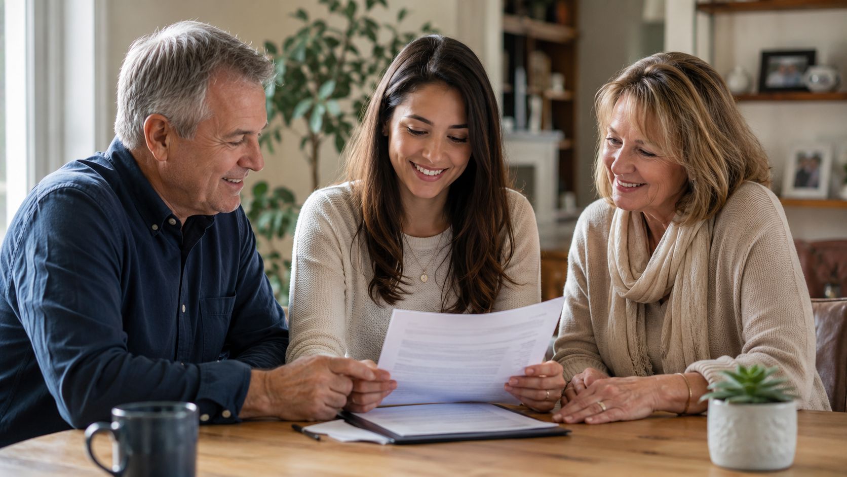 A mature couple and a younger woman reviewing documents together at a table in a home setting.