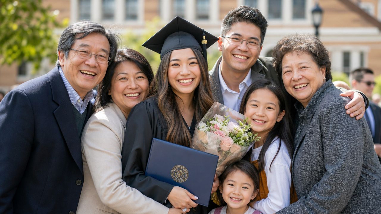 A happy multi-generational Asian family posing together outdoors to celebrate a daughter's graduation with a diploma.