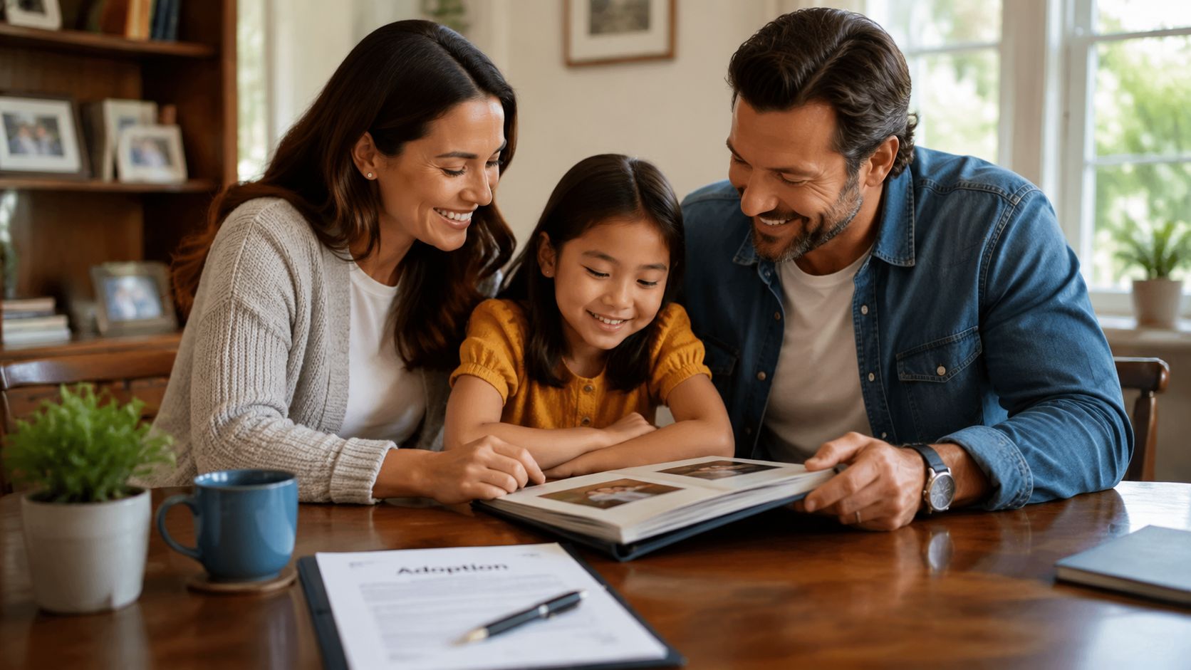 A happy family smiling while looking at a photo album next to adoption paperwork on a table.