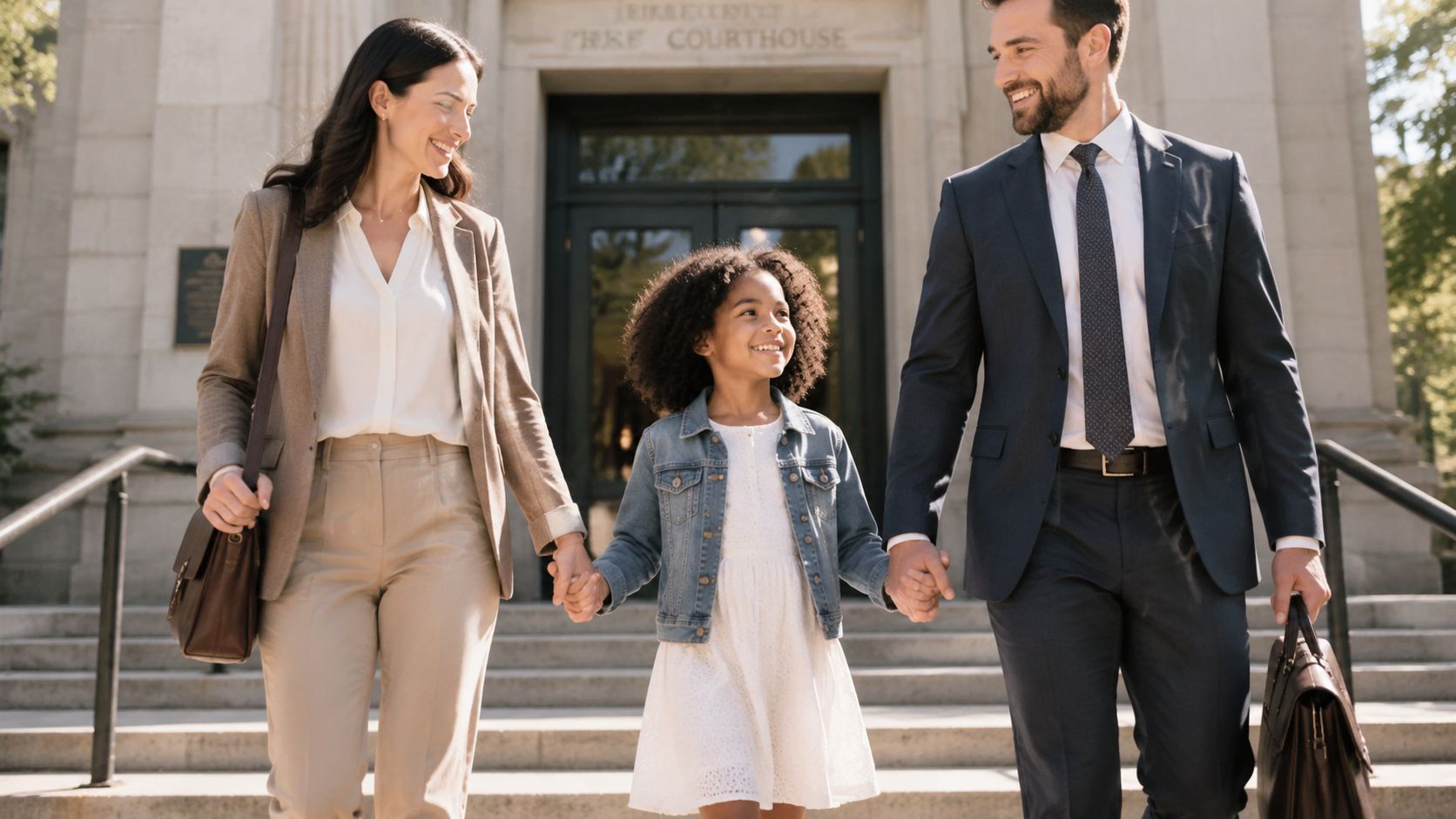 A happy family holding hands and walking down the steps of a courthouse together.