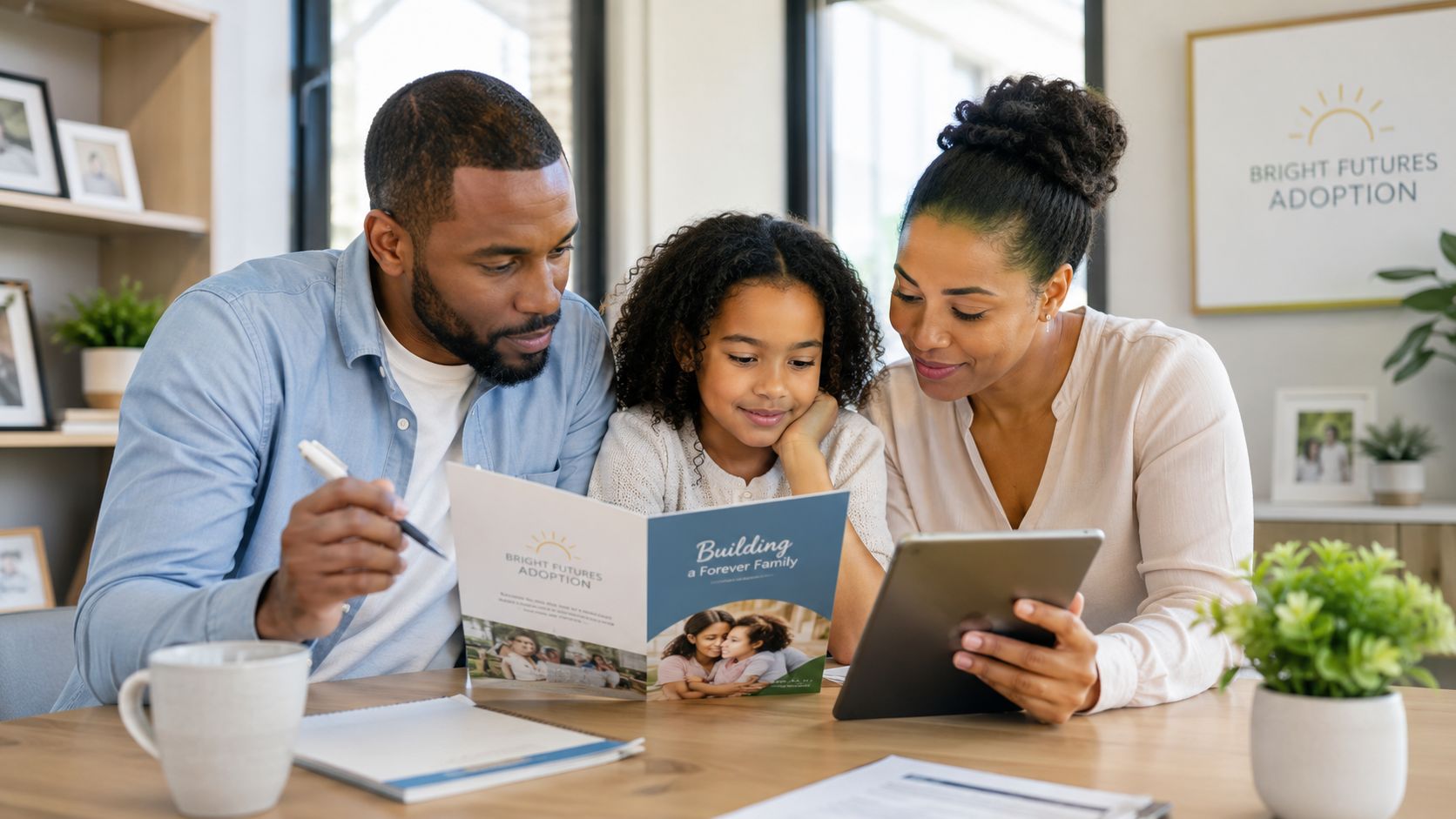 A family of three sitting at a table while reviewing documents for an adoption agency consultation.
