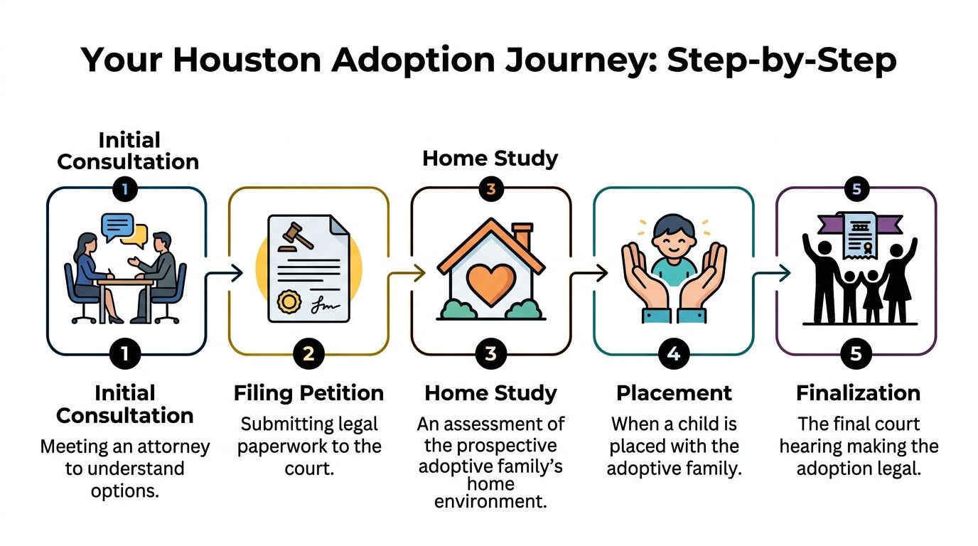 A five-step infographic showing the legal process of adopting a child in Houston, Texas.
