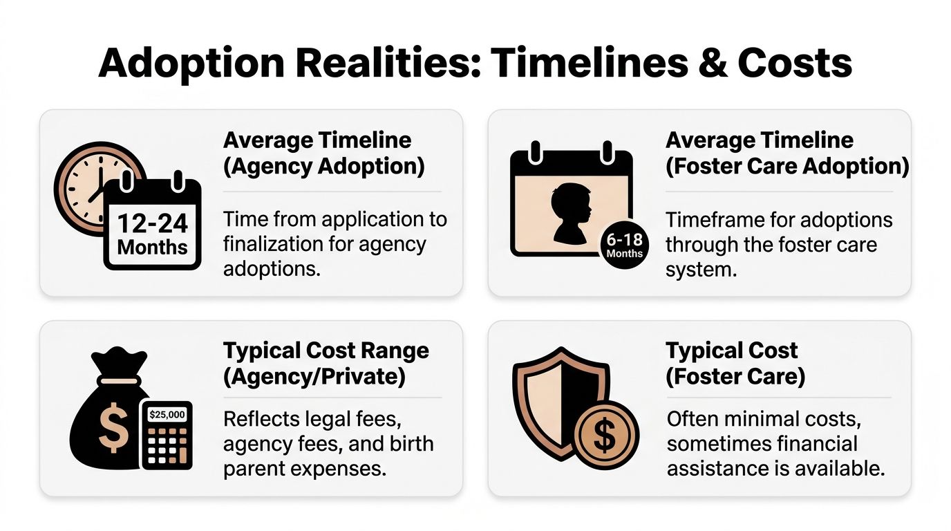 An infographic comparing the timelines and costs for agency adoption versus foster care adoption.