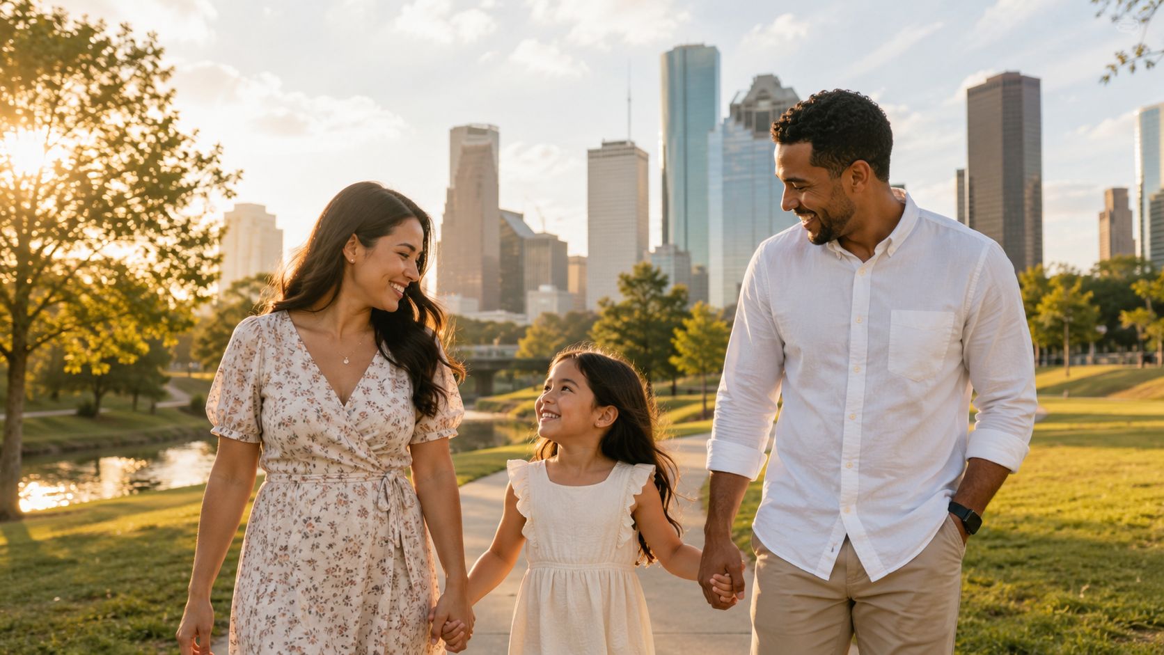 A happy family walking together in a park with the Houston skyline in the background during sunset.