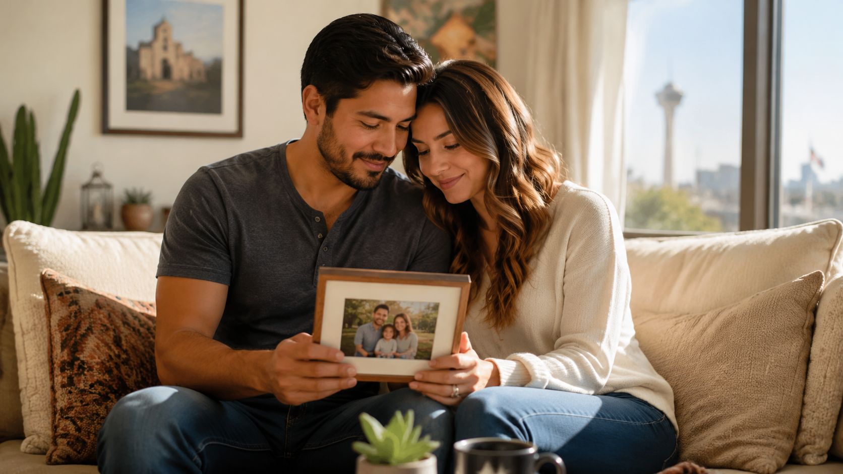 A happy couple sitting on a couch together holding a framed family photo in their home