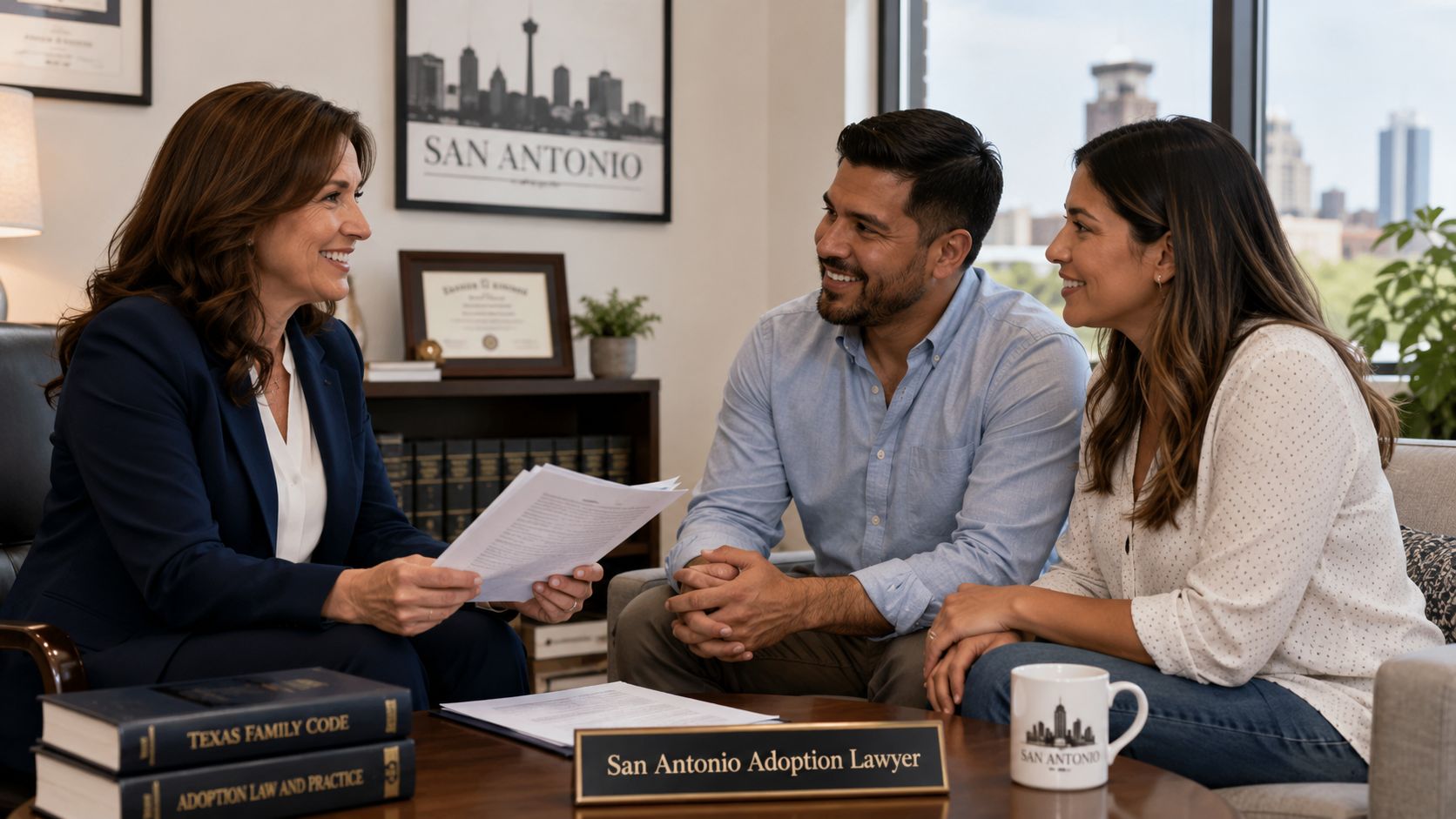 A friendly adoption lawyer consulting with a happy couple in her professional San Antonio office.