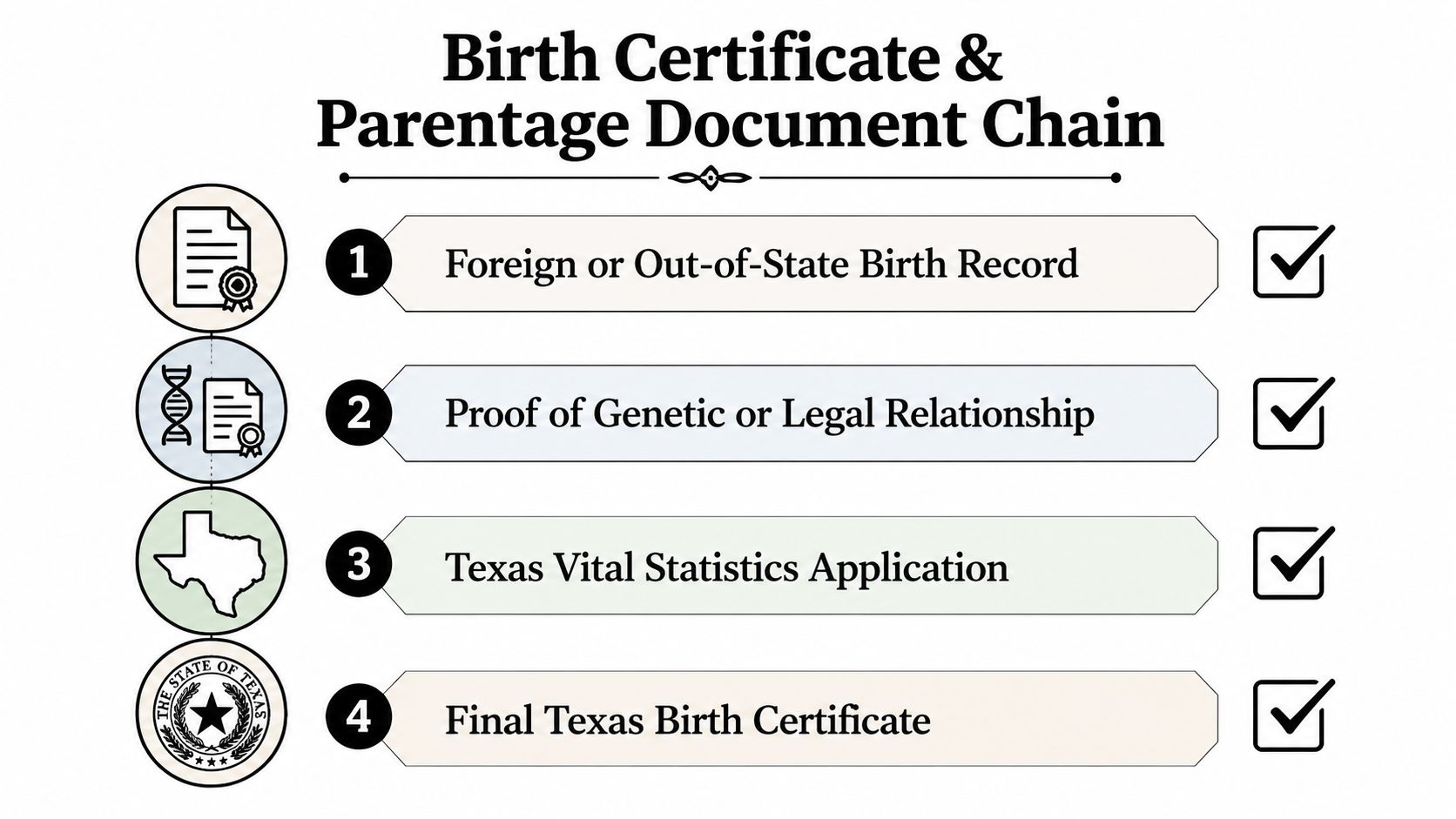 A four-step process for obtaining a Texas birth certificate for children born outside the state.
