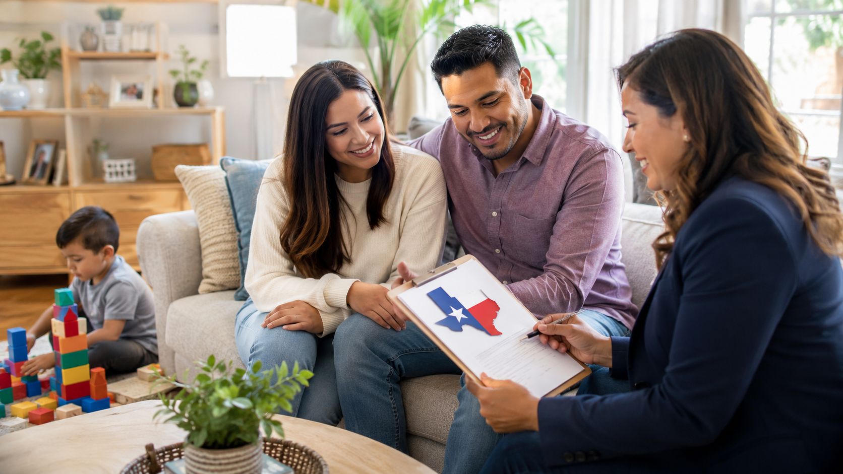 A happy couple meeting with a professional advisor to discuss adoption or surrogacy paperwork in Texas.