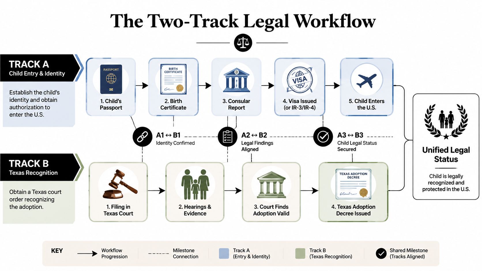 A diagram illustrating the two-track legal workflow for adopting a child born through surrogacy outside of Texas.