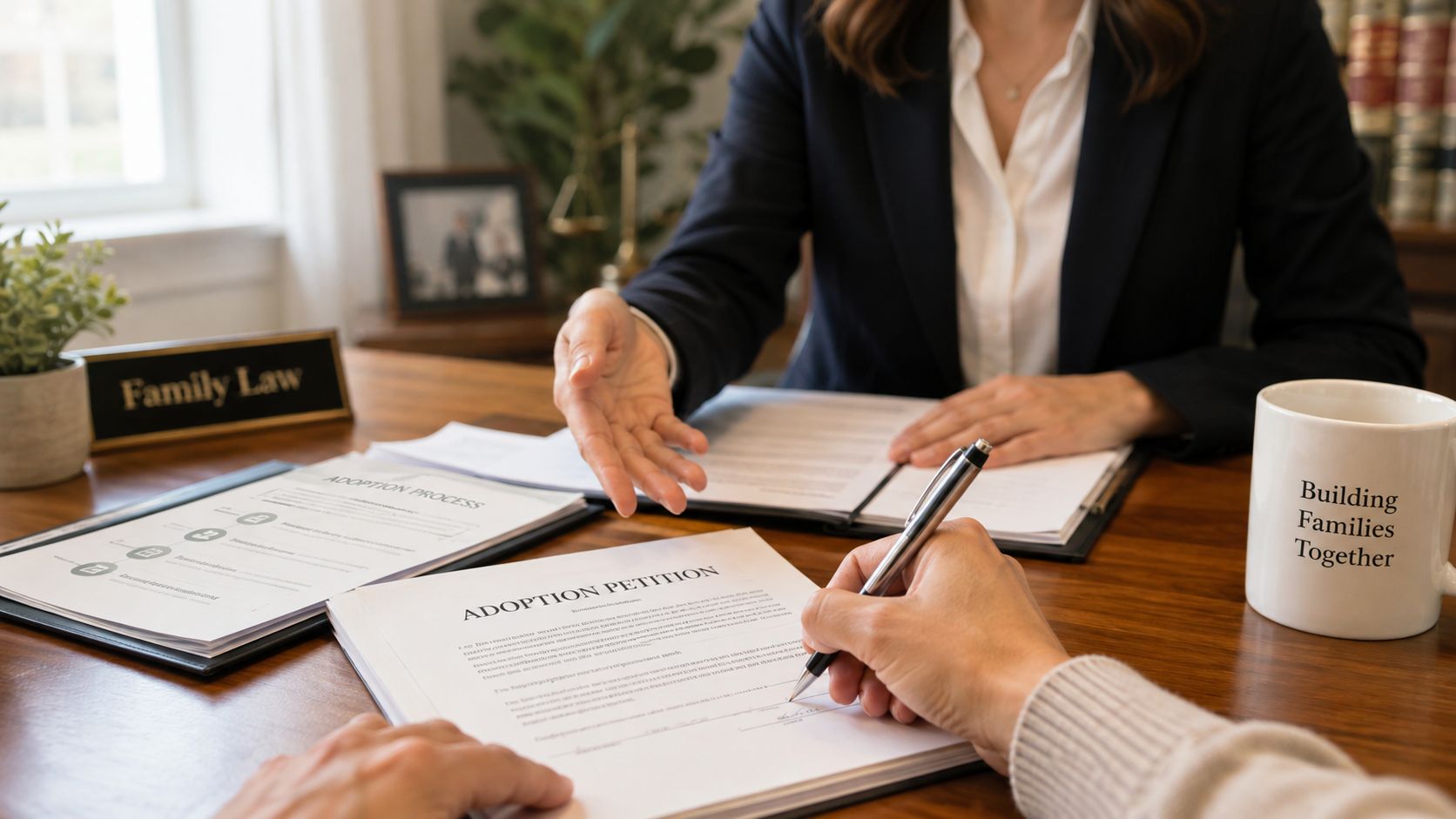 A person signing an adoption petition in a legal office with an attorney guiding the process.