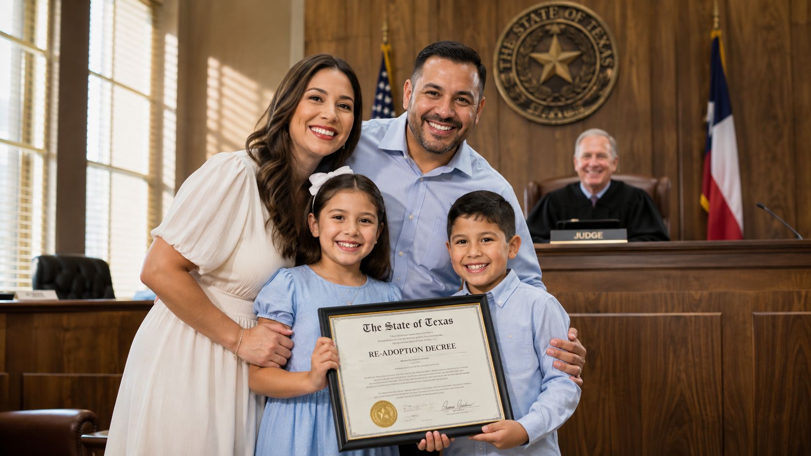 A happy family holding their official re-adoption decree in a Texas courtroom with a judge in background.
