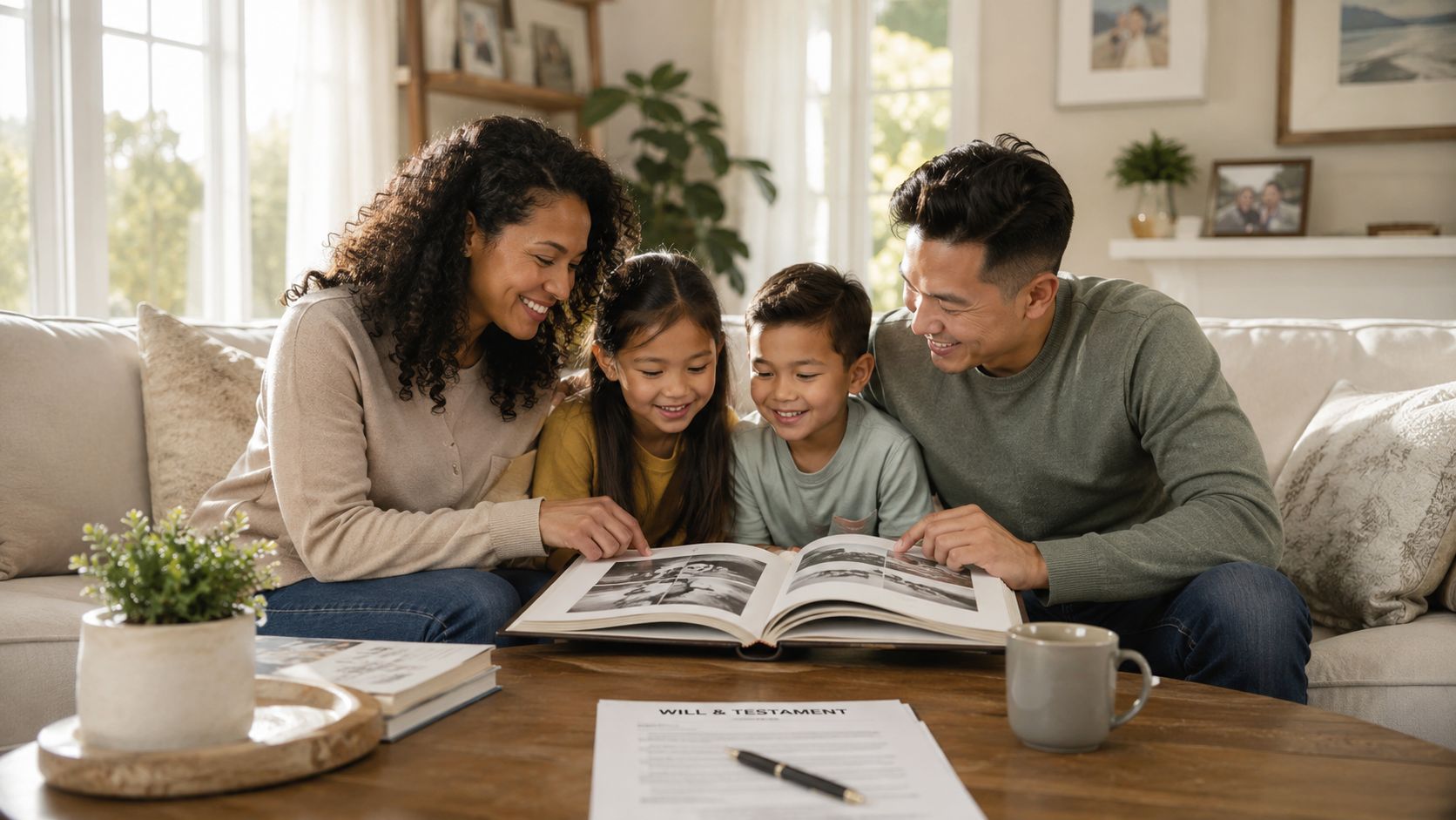 A happy family sitting together on a couch, looking at a photo album with a will document.