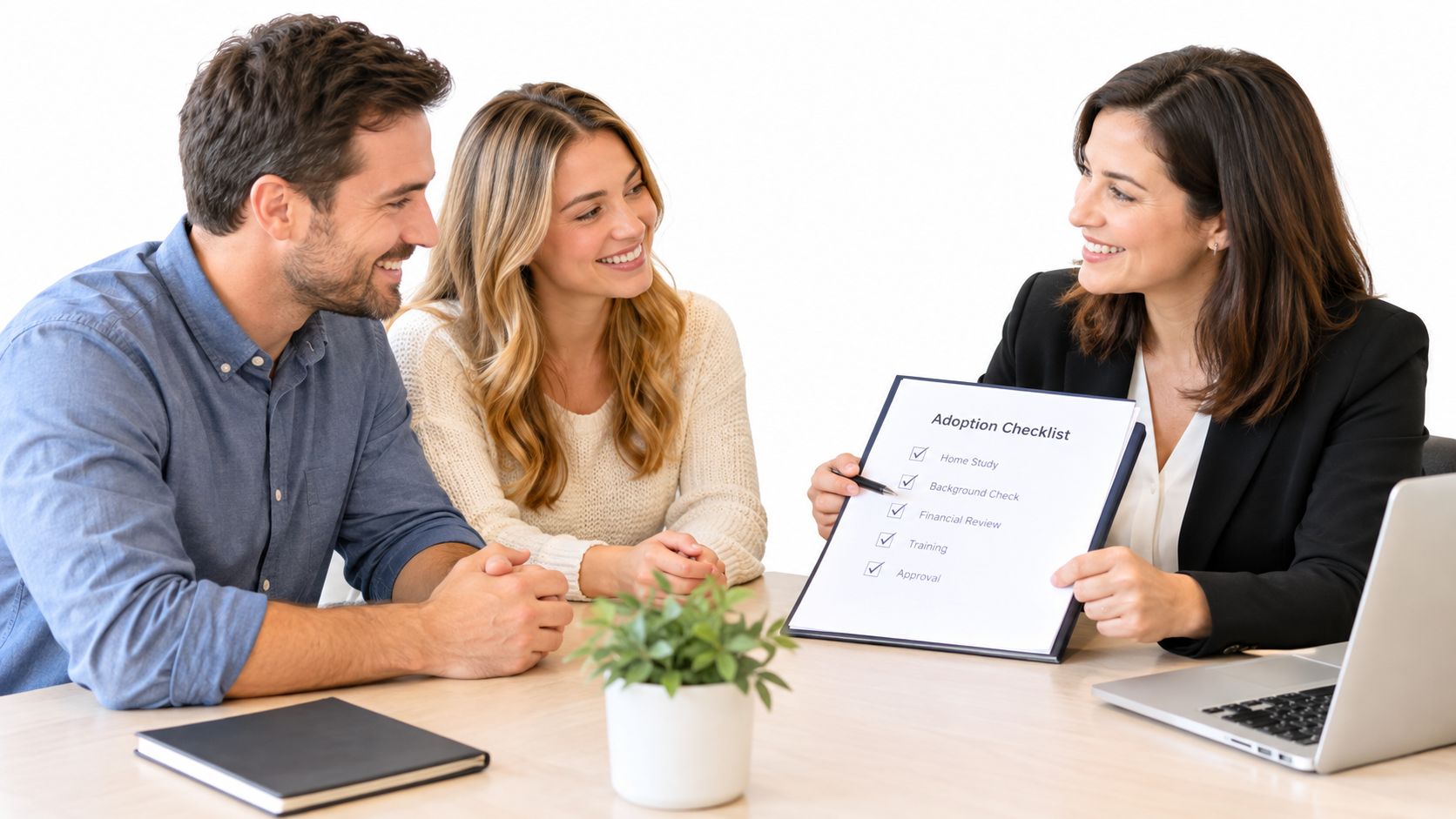 An adoption lawyer consults with a smiling couple about their adoption checklist during an office meeting.