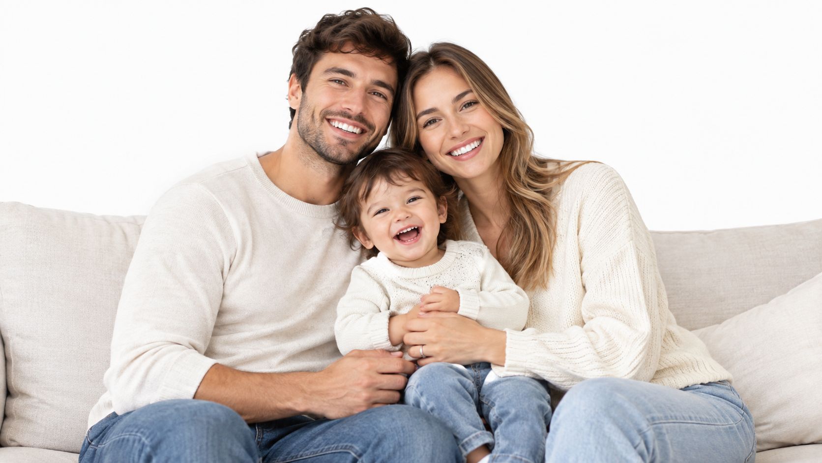A happy young family with a toddler sitting together on a comfortable sofa in a bright room in a bright room.