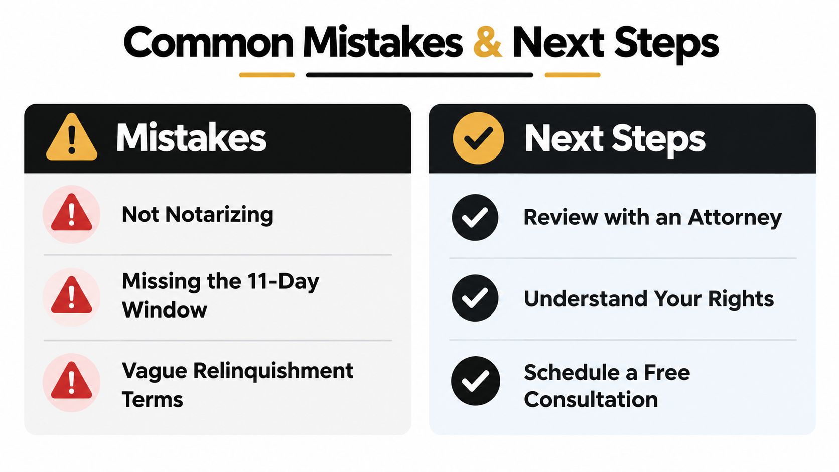 A chart illustrating common mistakes and recommended next steps regarding Texas affidavit of relinquishment legal requirements.