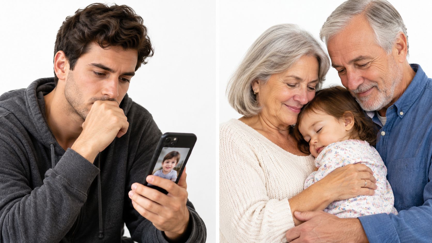 A split image showing a man looking at a child's photo and grandparents embracing a young child.